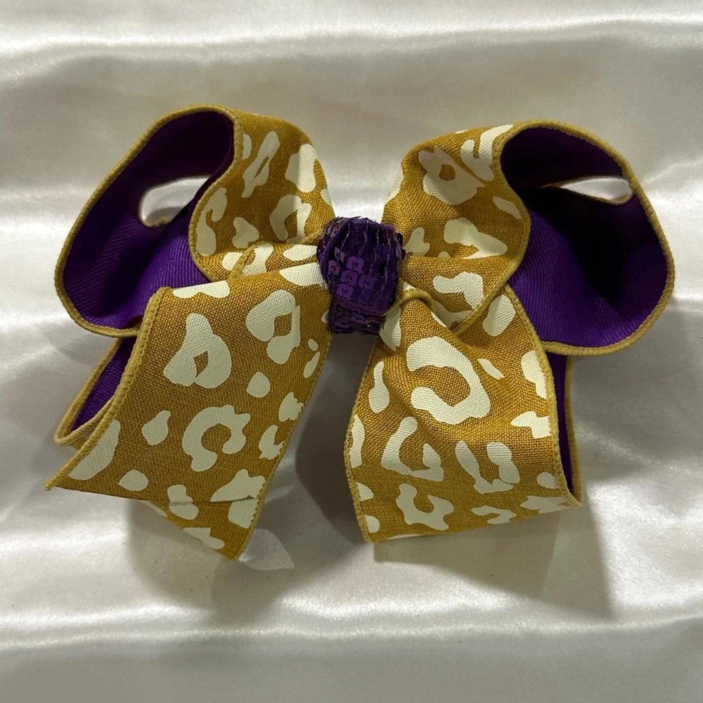 Gold Leopard Print Hair Bow w/ Purple Center-bundle 2 or more & save on shipping